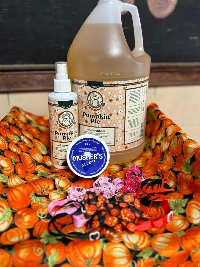 Pumpkin Pie shampoo, conditioning spray, Musher’s Secret paw balm and seasonal bows